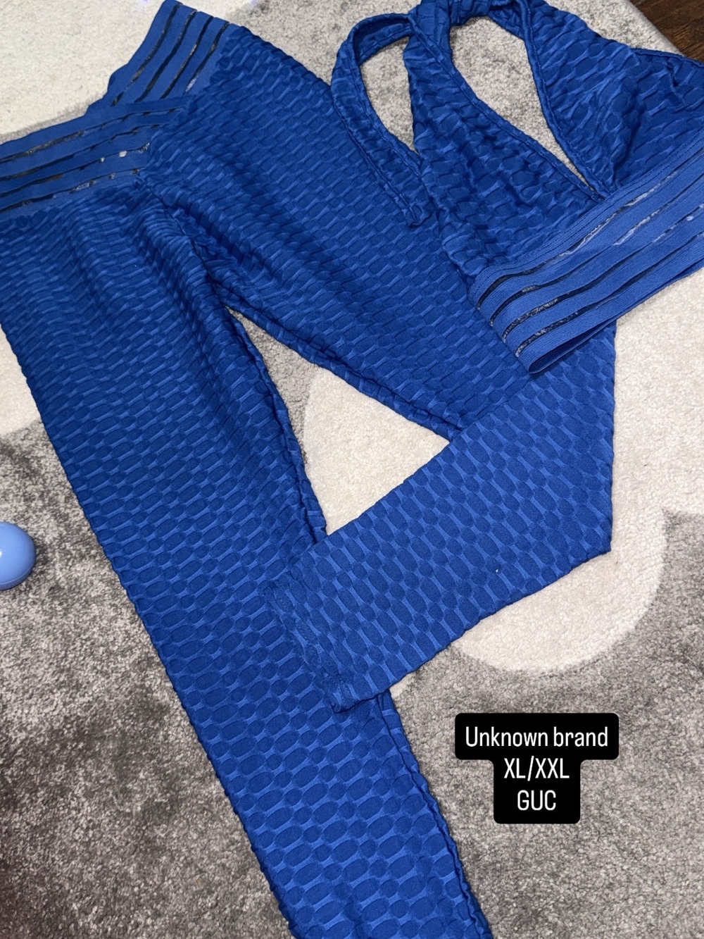 Blue Textured Two-Piece Active Set - Crop Top & Leggings